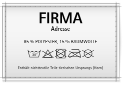 Textilkennzeichnung mit Aufschrift FIRMA, Adresse, 85 % POLYESTER, 15 % Baumwolle, Enthält nichttextile Teile tierischen Ursprungs (Horn)